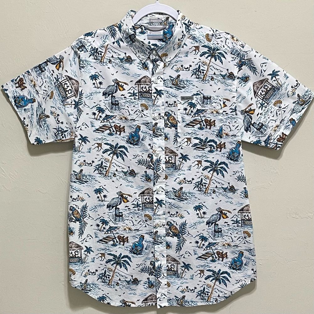 Columbia Tropical Coastal Beach Island Print Shirt Pelican Parrot Fish Men S